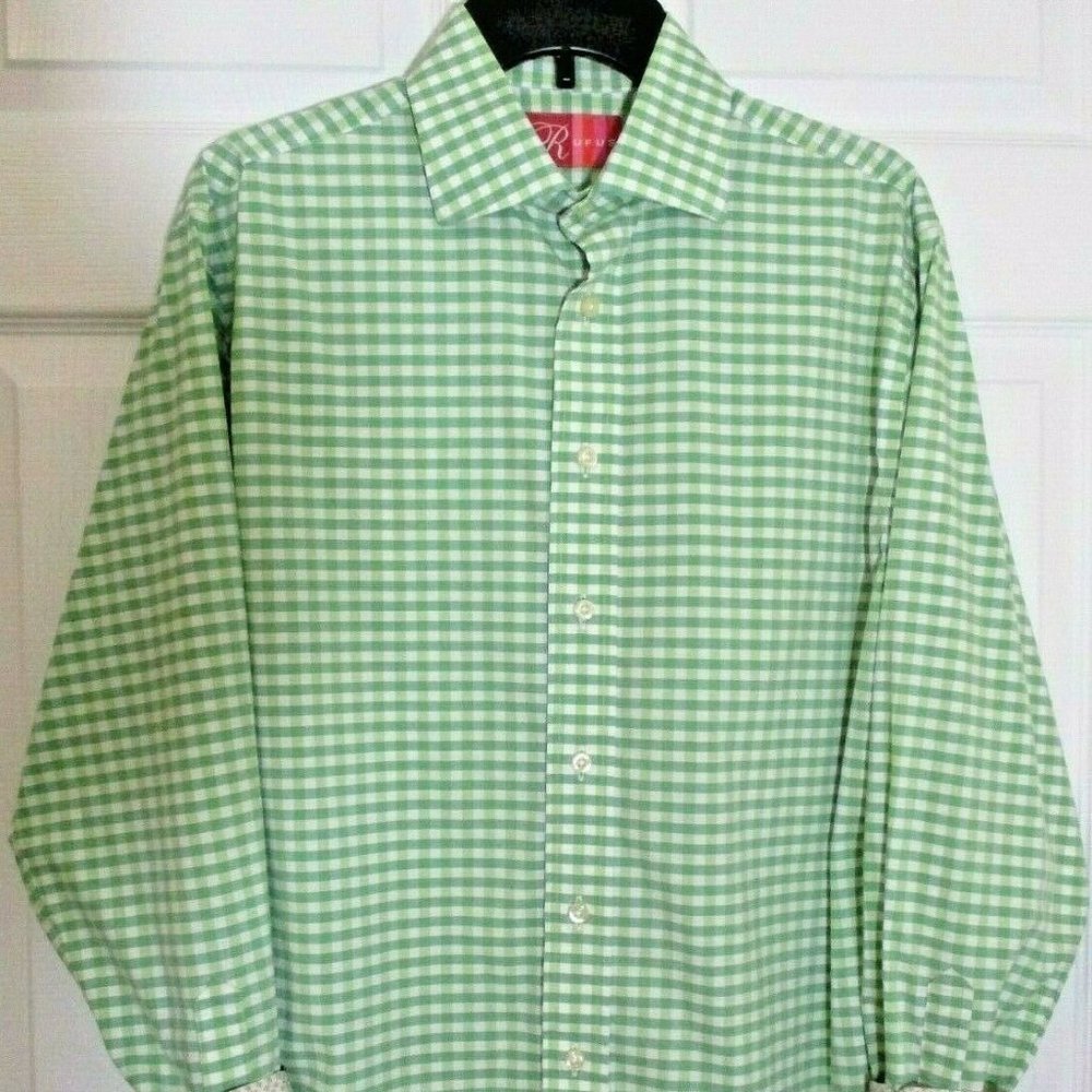 Rufus Button Front Shirt sz M Green Gingham Contrast Cuffs 100% Cotton USA